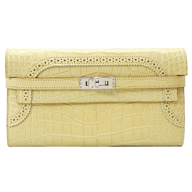 HERMES エルメス ケリーウォレット ロング ギリーズ バニラ(ヴァニラ) クロコダイルアリゲーターマット シルバー金具 長財布 X刻印 新品未使用