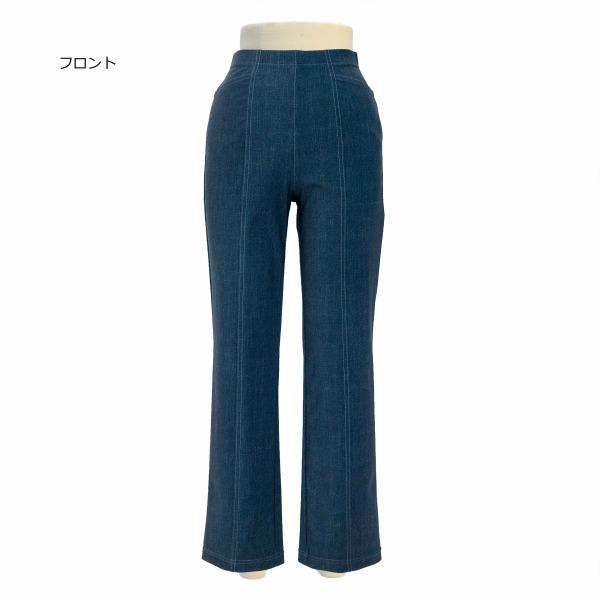 デニムプリントパンツ ストレッチパンツ ハイテンションパンツ ハイウエスト 股上深い ロベント ストレートパンツ 背中が出ない 50代60代70代80代 ウエストゴム |  | 05