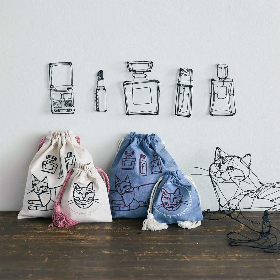 ＋HAyU fabric ハユ 巾着 ポーチ バッグ 巾着バッグ 刺繍 Lサイズ 猫