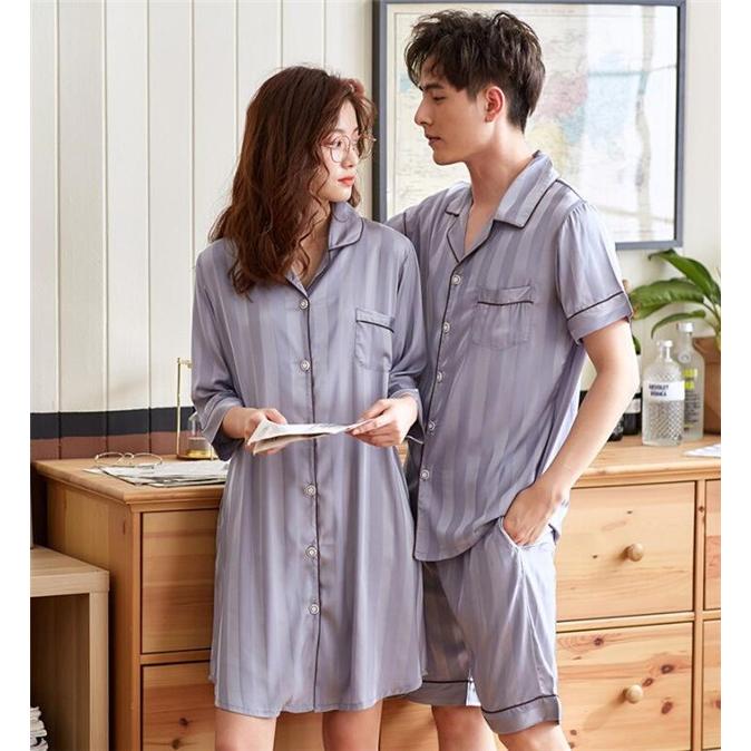 パジャマ ペア ワンピース ルームウェア レディース 夏 半袖 部屋着 メンズ おしゃれ カップル お揃い シャツ パンツセット 寝巻き ワンピ ストライプ柄 寝間着 Wqlsy Blossomyogurt 通販 Yahoo ショッピング