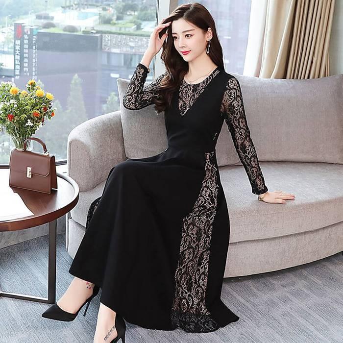 最高品質の L ドレス 五分袖 ロング ワンピース 切替 レース 即納 新品 黒 フォーマル ドレス