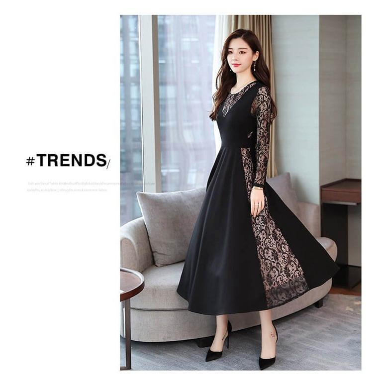 最高品質の L ドレス 五分袖 ロング ワンピース 切替 レース 即納 新品 黒 フォーマル ドレス