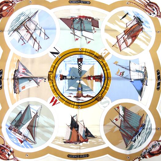 HERMES（エルメス） カレ90 スカーフ BELLES AMURES 帆の美学 ホワイト