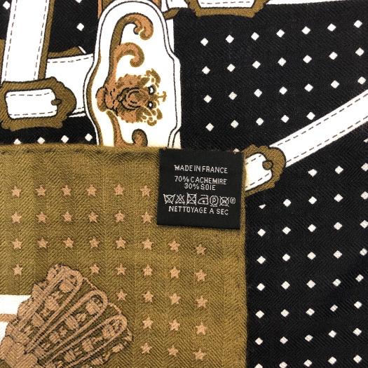 エルメス カレジェアン 宮廷の馬具 バンダナ シルク カシミヤ ブラック ブラウン 140 大判ストール ショール マフラー 横浜BLANC HERMES（エルメス） カレジェアン 宮廷の馬具 バンダナ シルク