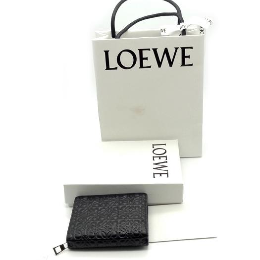 ロエベ アナグラム リピート コンパクトジップ ウォレット エンボスシルクカーフ ブラック 黒 109.55.Z4 LOEWE - ロエベ アナグラム リピート コンパクトジップ ウォレット