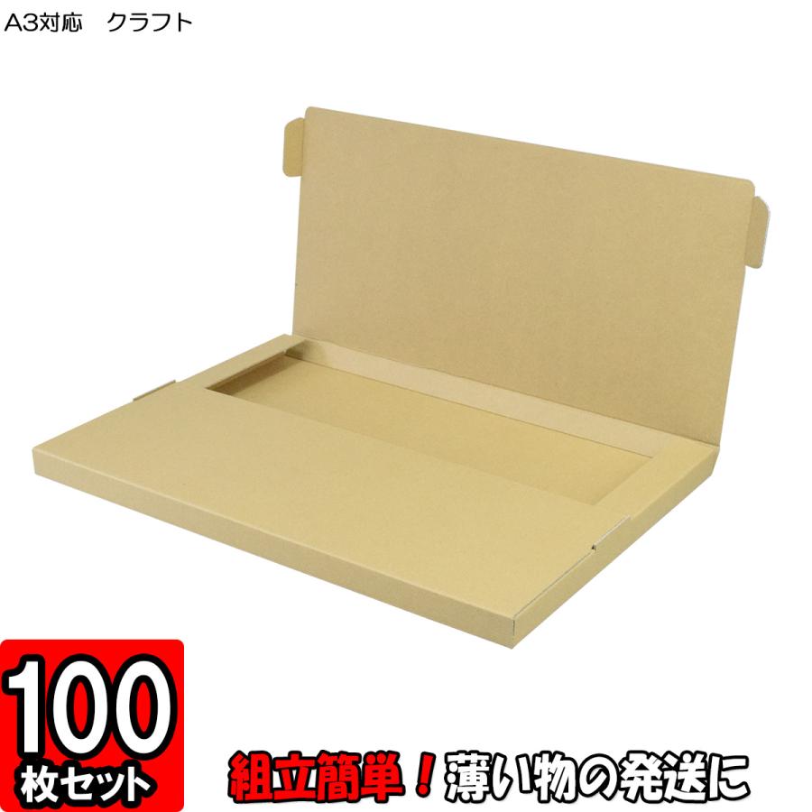 箱 ダンボール 段ボール 薄型 発送箱 梱包材 梱包資材 発送用 宅配用 発送用イージーボックス (タトウ式箱) (A3対応) (クラフト) 100個 セット | 