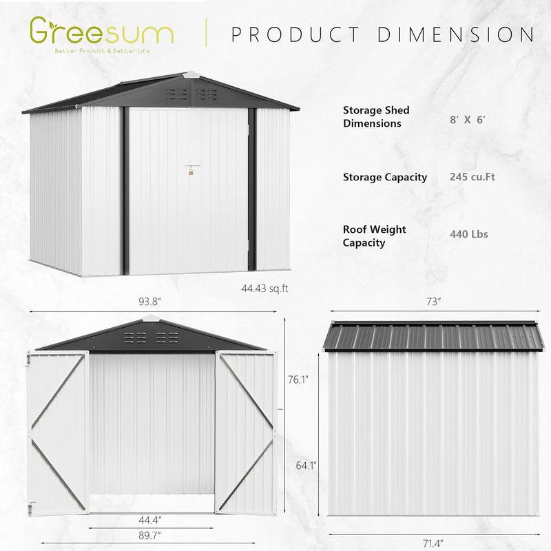 Greesum　金属製　屋外収納小屋　8フィート　スチールユーティリティツール　6フィート　x　金属小屋　ドアロック付き　屋外収納　裏庭