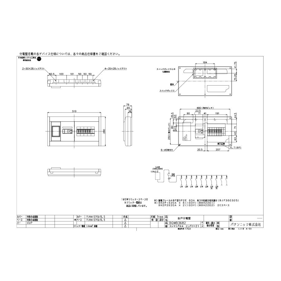 Panasonic（パナソニック） BQWB3682 ヨコ1列タイプ分電盤 リミッター
