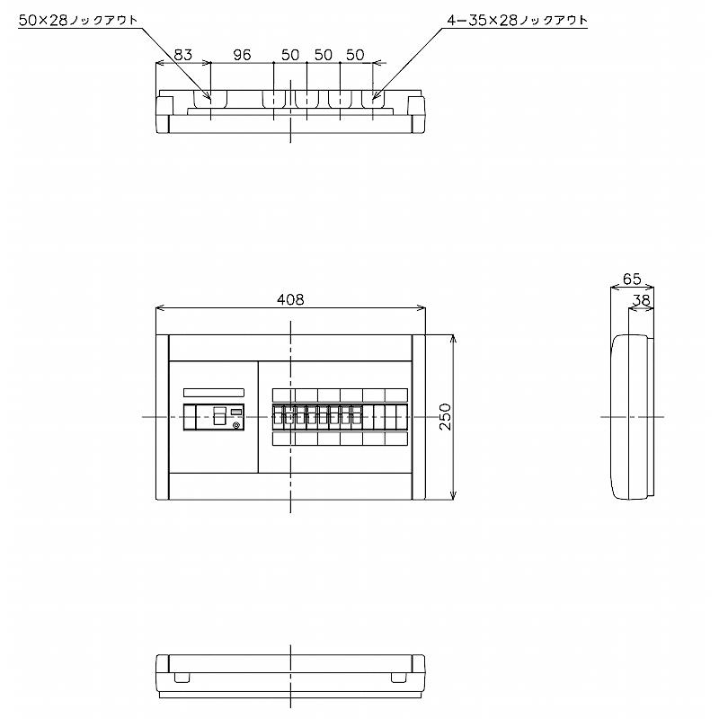 BQWB8484：住宅用分電盤(露出・半埋込両用形)(ドア無)(リミッタースペース無)(ヨコ一列)(単3：主幹：ELB40A分岐：8+4)