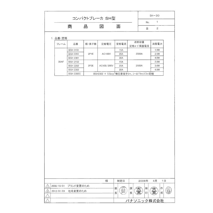 Panasonic（パナソニック） コンパクトブレーカSH型2P2E(100/200V・20A