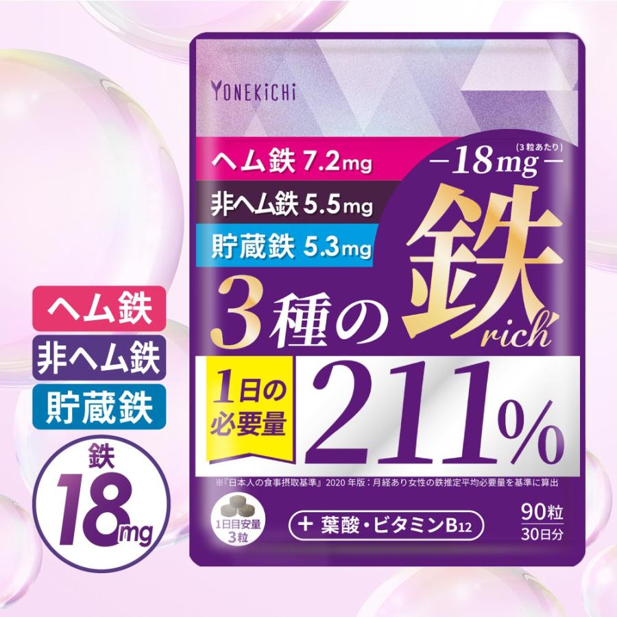 鉄分 サプリ 鉄18mg 3種の鉄リッチ 鉄分 ヘム鉄 フェリチン鉄 葉酸