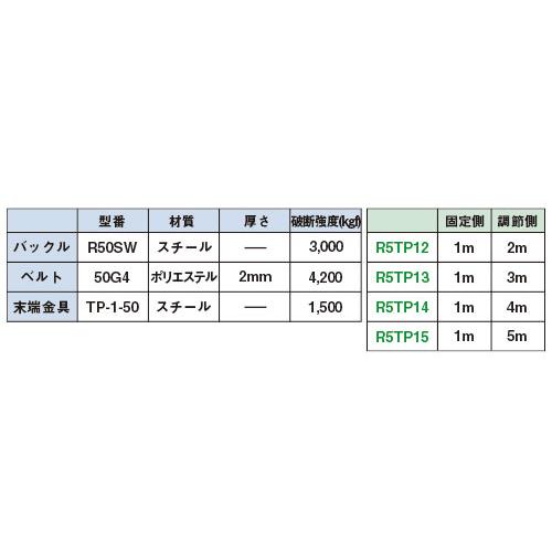 R5TP14 固定側1m × 調節側4m ALLSAFE ラッシングベルト(Tワンピース) 【緑】  (直送商品/個人名義不可/返品不可/代引不可)｜yoro-store｜02