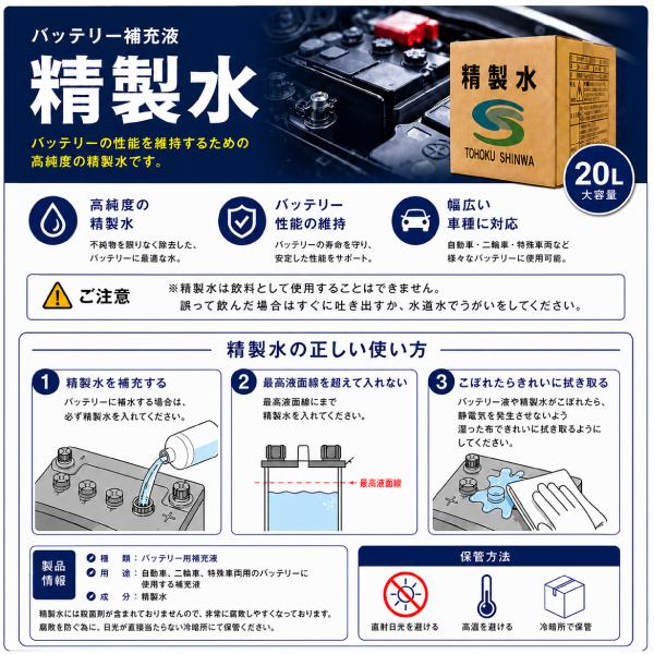 バッテリー補充液 (精製水) 20L 車 自動車 バイク ホース ホース付き 