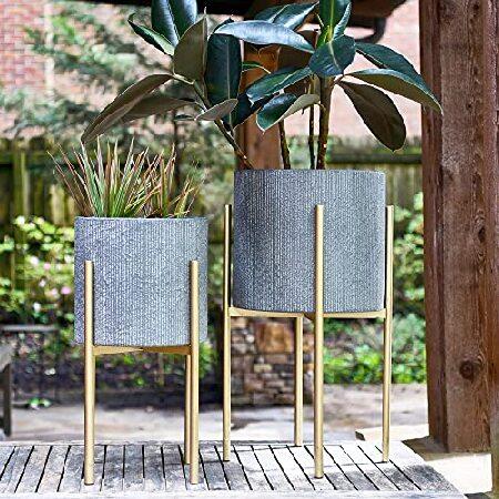 国内正規 Main + Mesa Modern Boho Embossed Metal Planters with Stands， Charcoal Grey and Gold， Set of 2 Sizes