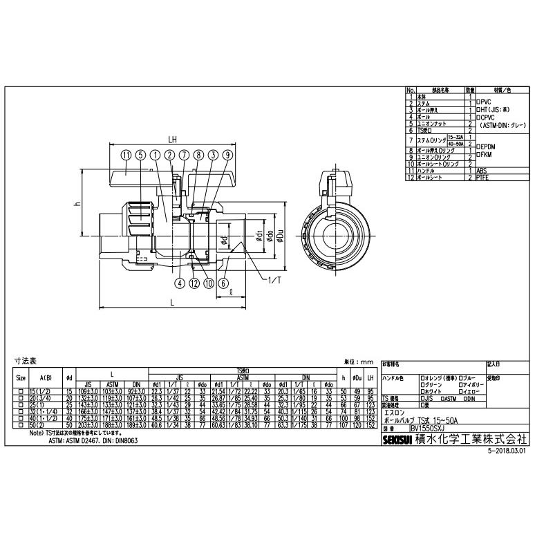 セキスイ BV40SXV エスロン 塩ビボールバルブ 40 U-PVC TS式 FKM 