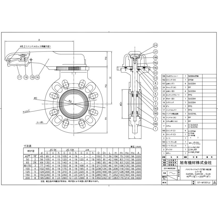 V57LVUEW1050　バタフライバルブ57型レバー式　U-PVC　EPDM　50　旭有機材