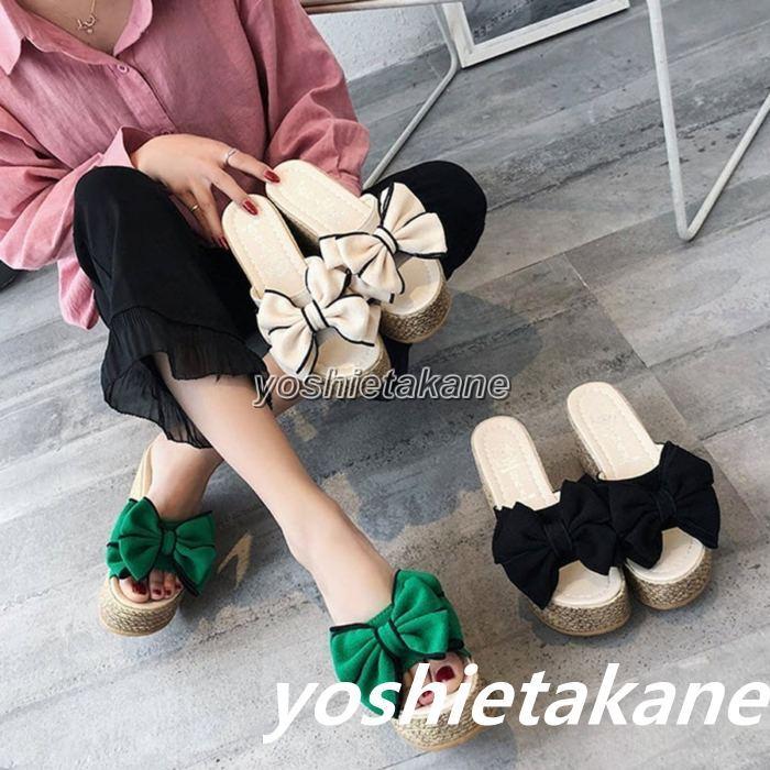 サンダル レディース 厚底 ウエッジソール リボン 可愛い 軽量 歩きやすい 黒 緑 ベージュ ブラック グリーン Pea8 吉江ストア 通販 Yahoo ショッピング
