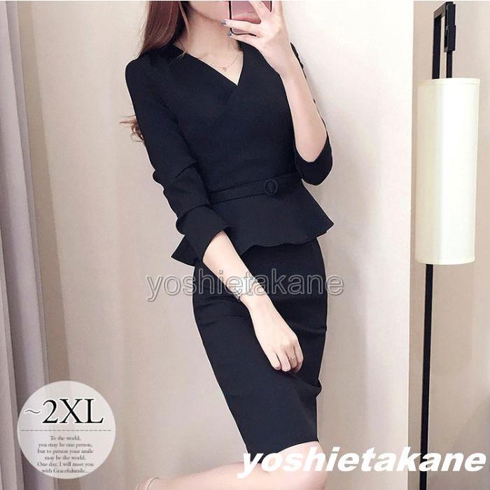 お気に入り ワンピーススーツ 卒業式 入学式 卒園式 入園式 ビジネス リクルート Ol オフィス 無地 ｖネック ペプラム タイトワンピ ブラック 代30代40代50代 ワンピーススーツ カラー ブラック長袖 Www Oroagri Eu