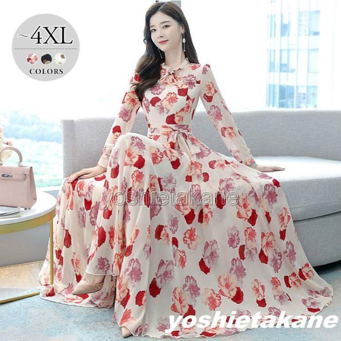 激安 アウトレット のパーティー 母親 結婚式 服装 ワンピース 花柄 首元フリル 休日スタイル 清楚 ウエストリボン 総柄プリント ロング丈 胸元リボン クール 清楚 定番 休日スタイル 母親 Pe 吉江ストア 買う安いの