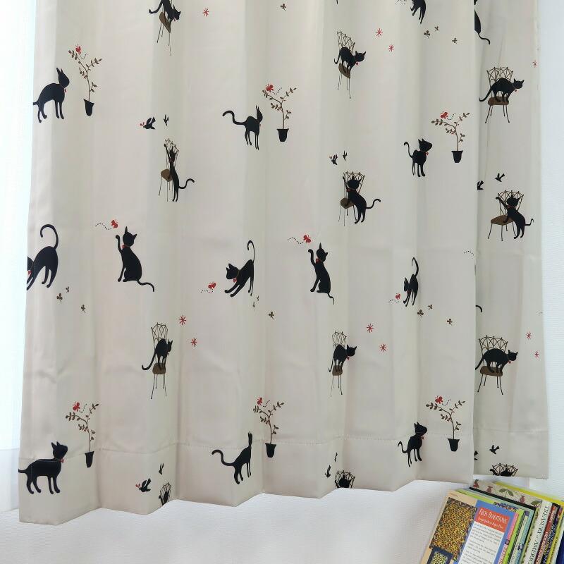 遮光カーテン かわいい猫柄 アイボリー 幅100cm×丈160cm2枚 日本製 プリーツが綺麗な形態安定加工｜yoshietsu｜05