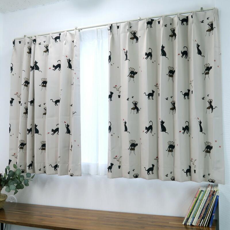 遮光カーテン かわいい猫柄 アイボリー 幅150cm×丈75cm2枚 日本製 プリーツが綺麗な形態安定加工｜yoshietsu｜02
