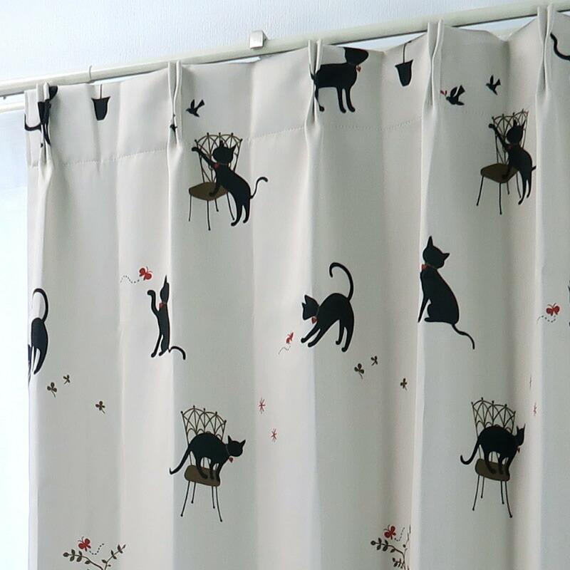 遮光カーテン かわいい猫柄 アイボリー 幅150cm×丈195cm2枚 日本製 プリーツが綺麗な形態安定加工｜yoshietsu｜03