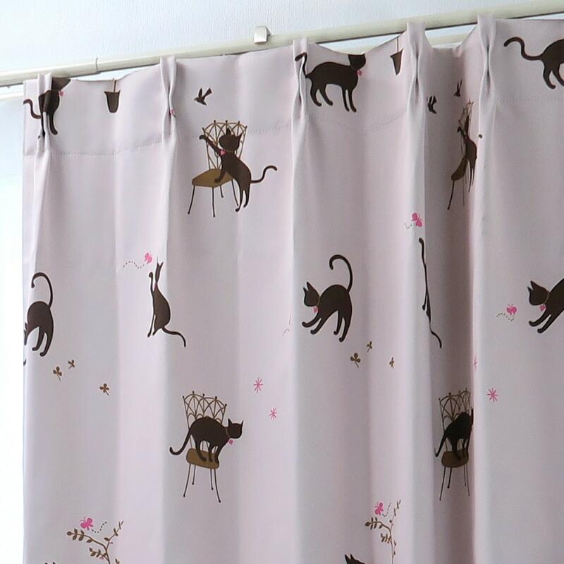 遮光カーテン かわいい猫柄 ピンク 幅100cm×丈150cm2枚 日本製 プリーツが綺麗な形態安定加工｜yoshietsu｜03