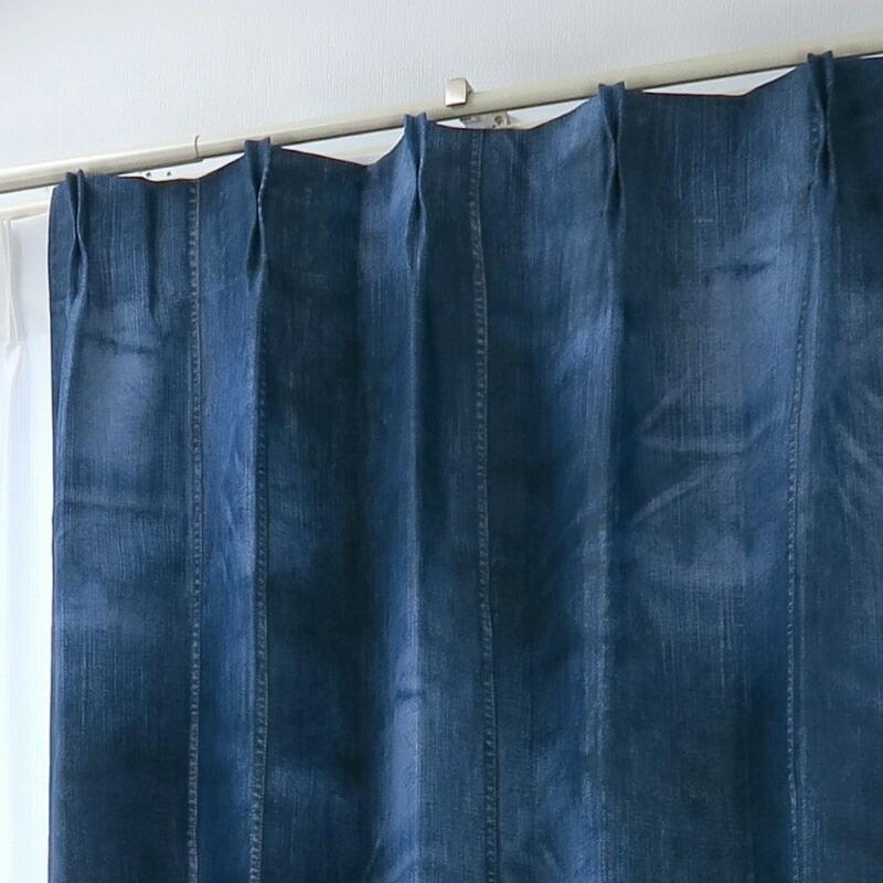 遮光カーテン デニム柄 幅100cm×丈90cm2枚 日本製 プリーツが綺麗な