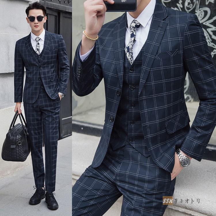 スリムスーツ スリーピーススーツ チェック柄 メンズスーツ スーツセット スリム 卒業式 2つボタン 紳士服 就活 結婚式 Ssk 芳子オトリ 通販 Yahoo ショッピング