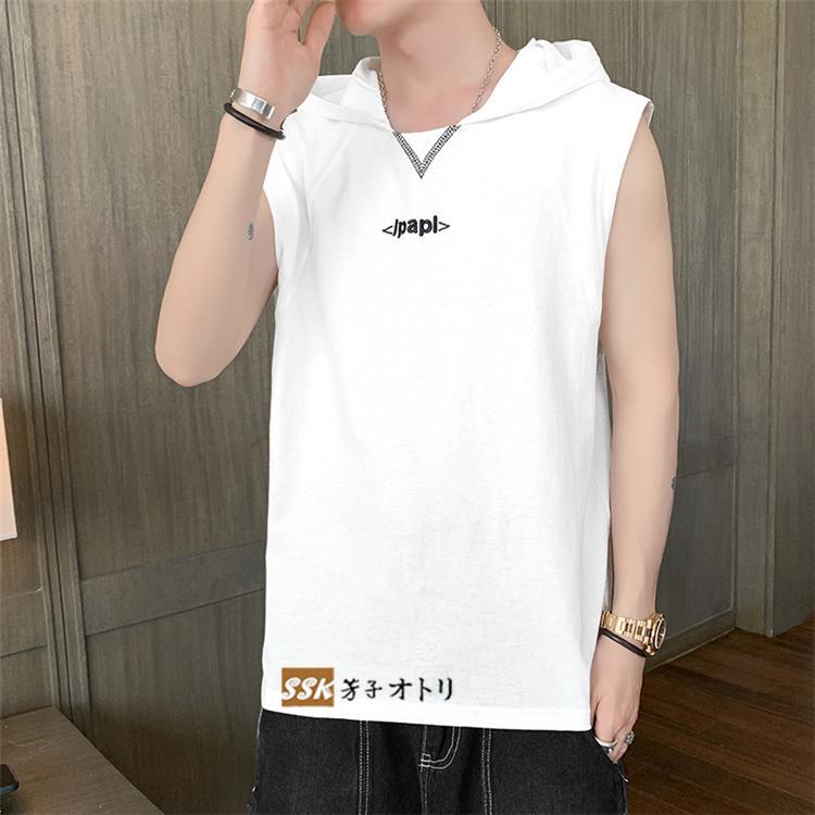 タンクトップ メンズ 夏服 ノースリーブ 無地 袖なしtシャツ トップス フード付き 綿100 お兄系 有名な高級ブランド