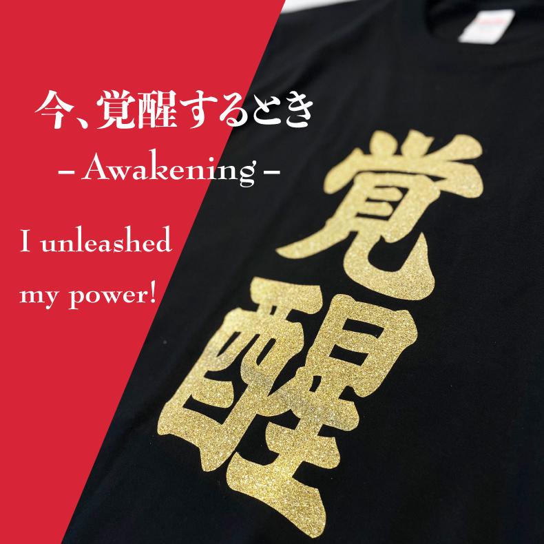 魂ゆさぶるワードTシャツ 覚醒 ゴールドラメプリント 綿100％ ブラック S〜XXXLサイズ対応 ギフト・イベントにもおすすめ |  | 02