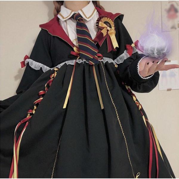 直売販売品 ワンピース ロリータ ハイウエスト 膝丈 学生風 魔法使い レディース ゴスロリ 制服 Aライン ロリィタファッション フリル 長袖 暗黒系