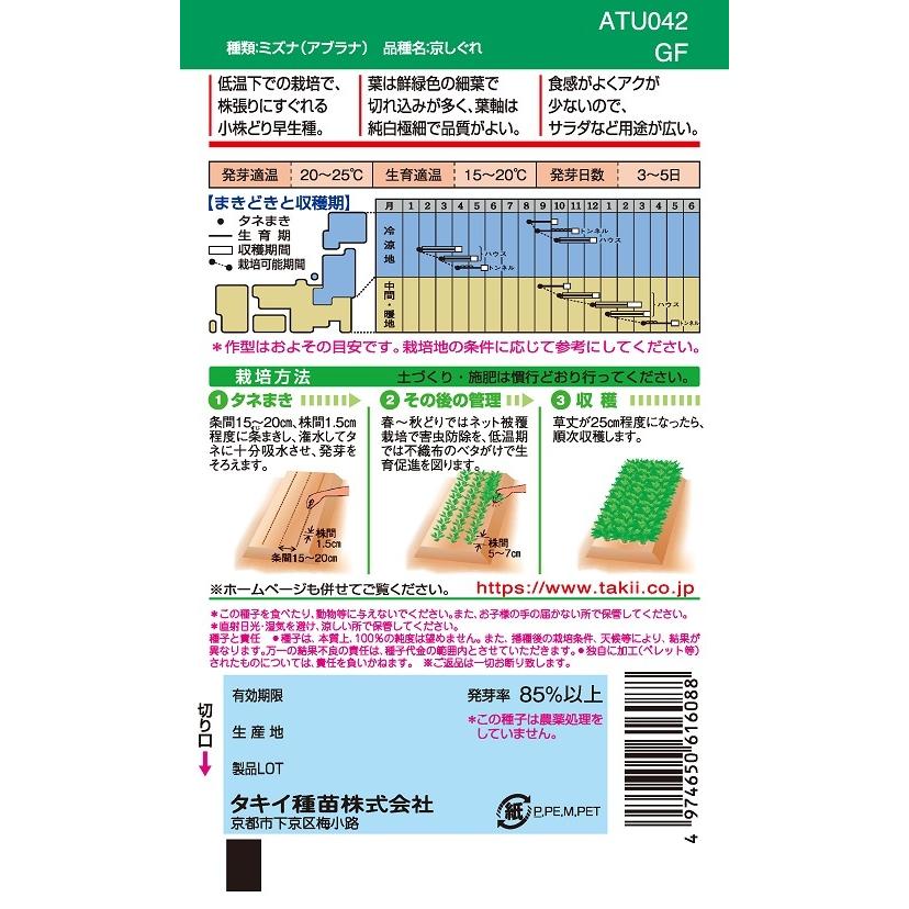 京しぐれ 水菜種子 5ml 【野菜種子】 【タキイ種苗】【水菜の種 