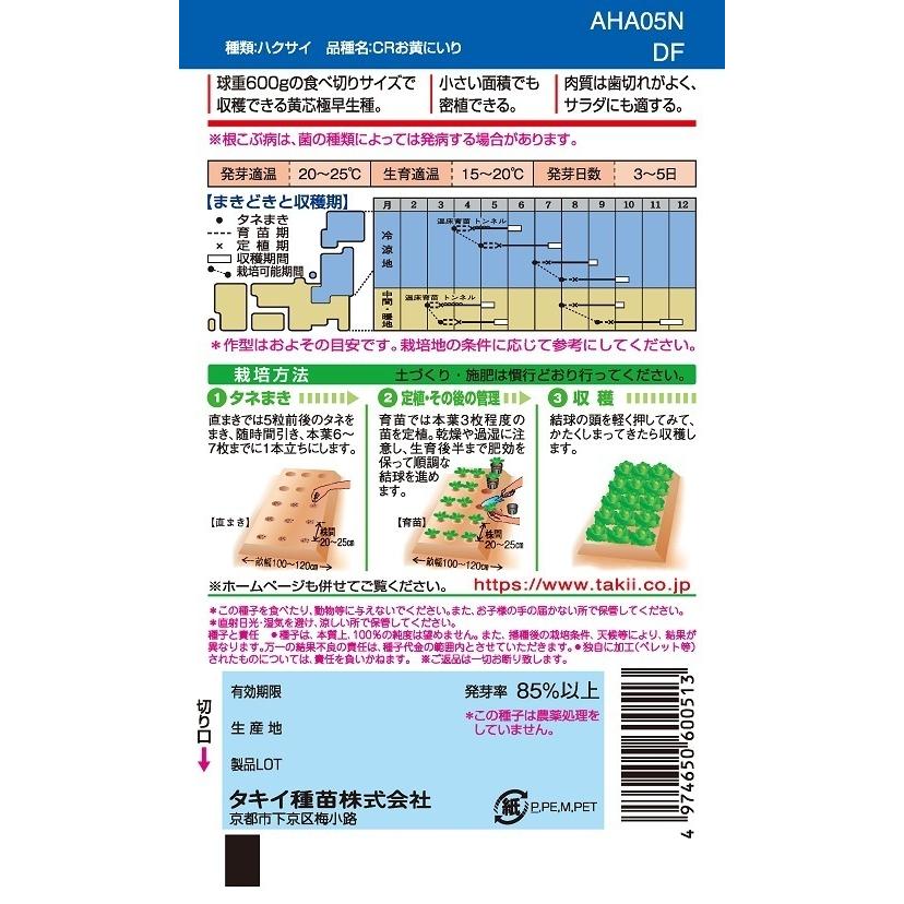 ハクサイ CRお黄にいり 5000粒 【タキイ種苗】【黄芯白菜の種】【野菜種子】の画像
