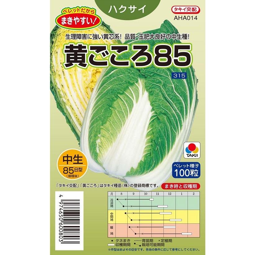 白菜　種 ハクサイ 黄ごころ85 ペレット100粒 【タキイ種苗】【黄芯白菜の種
