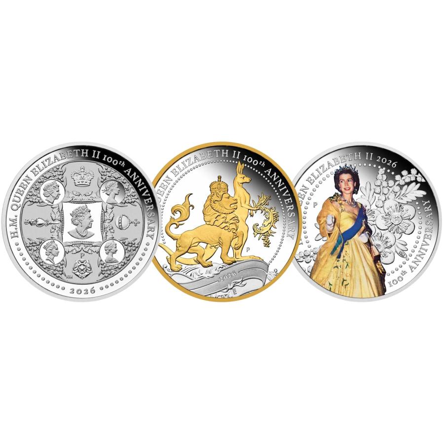 エリザベス２世（女王）　生誕１００周年記念コイン 1oz銀貨　３種セット 世界限定2000セット ナンバー1626の画像