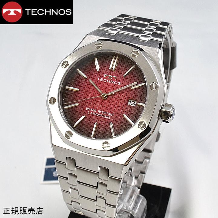 テクノスT9575アナログクォーツ3針カレンダーレッド文字盤箱付き TECHNOS（テクノス） 腕時計 5気圧防水 T9C07SR 最新定番モデル レッド