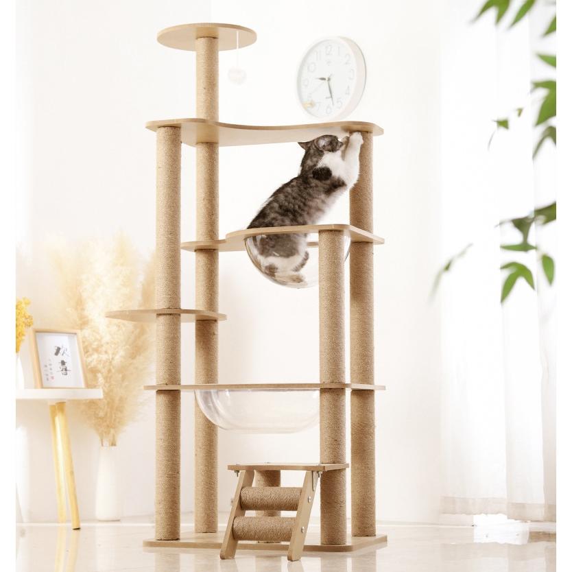 キャットタワー 木製 宇宙船 短足猫 太った猫 シニア猫 子猫 布製 据え置き 多頭飼い 高さ115cm 146cm 猫ハウス 爪とぎ 安定 角丸加工