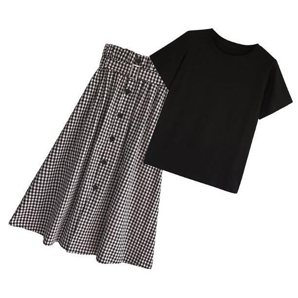 【9月末まで特別値下】レディースジーフォアセットアップ【S】半袖＆スカート ２点 Amazon.co.jp: レディース 2点セット トップス+チェック柄