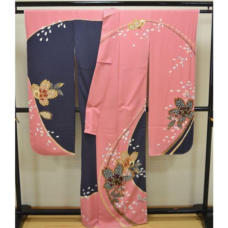 新品未使用 豪華 古典文様 染め分け加工 仕立上り 正絹振袖 ピンク 紺 