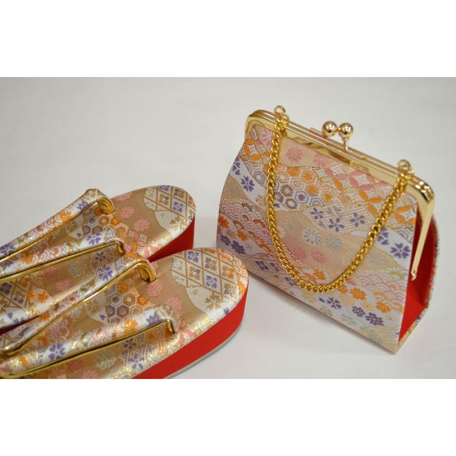 女の子 七五三 ペアーセット（帯 草履バック） 金 白 古典柄 7