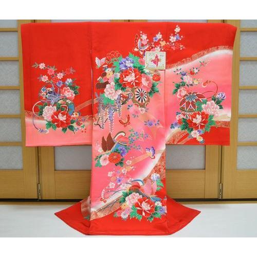 【美品】お宮参り 産着 女の子 化粧箱付き お宮参り着物 女の子 女児 産着 初着 祝着 女 花車 鴛鴦 赤 om-l-