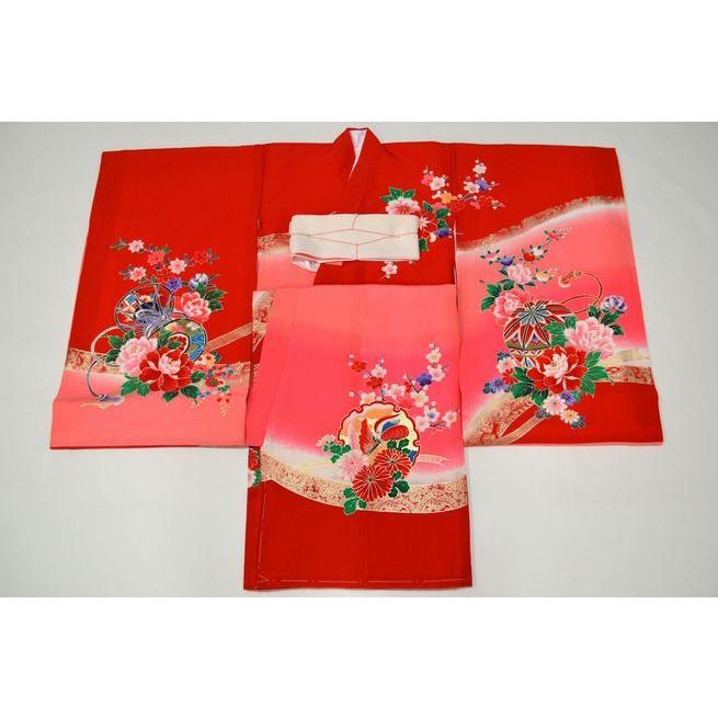【美品】お宮参り 産着 女の子 化粧箱付き お宮参り着物 女の子 女児 産着 初着 祝着 女 花車 鴛鴦 赤 om-l-529