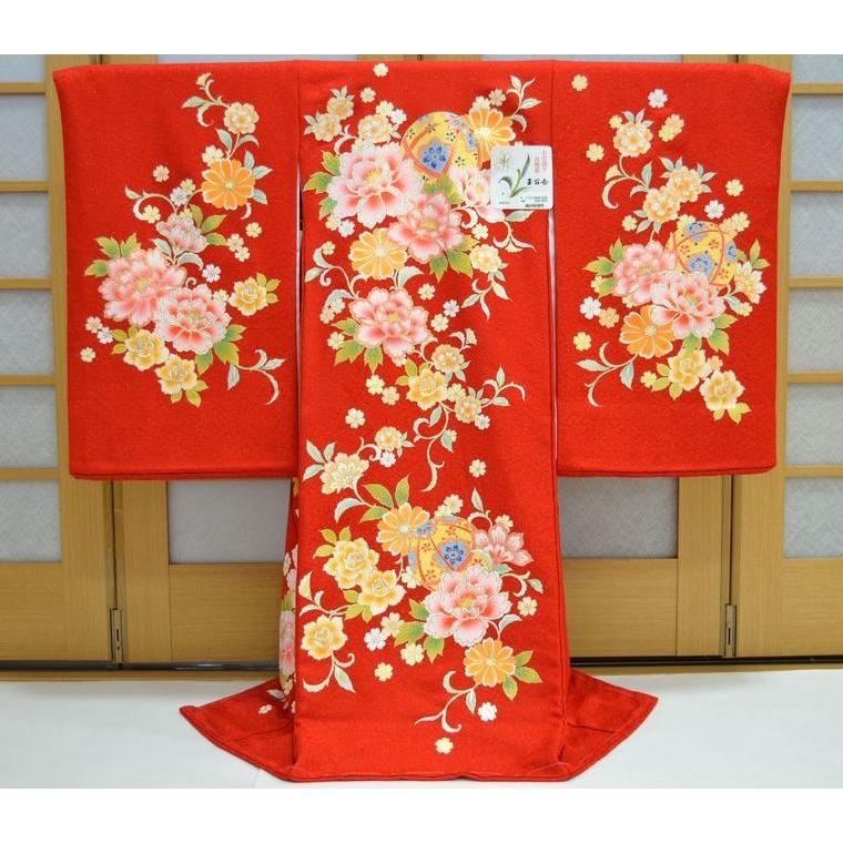 お宮参り着物 女の子 赤ちゃん着物 産着 祝い着 手鞠 小判 金彩 赤 om
