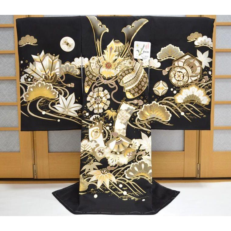 ★豪華刺繍兜 【日本製】お宮参り着物 男の子用 赤ちゃんの初着のお祝い 肌着付き お宮参り着物 男の子 赤ちゃん 産着 初着 兜 刺繍 松 金彩 黒地 om-m