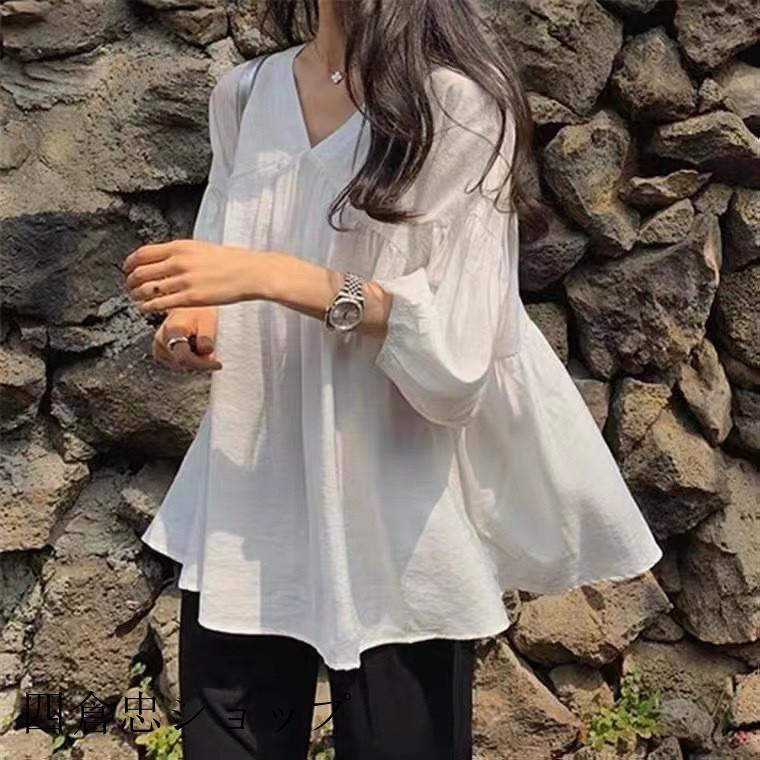 フレアブラウス レディース 夏秋服 フレアシャツ Vネック 七分袖 九分 