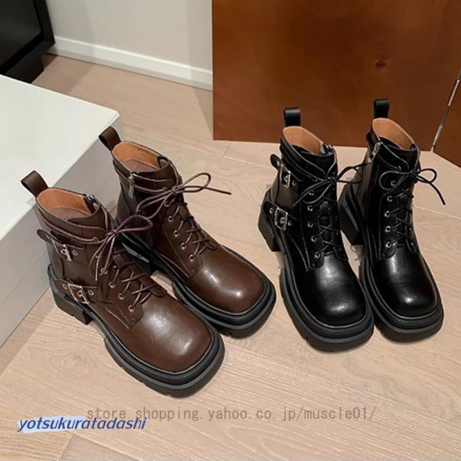 厚底 ショート ブーツ レディース チャンキー ヒール レースアップ