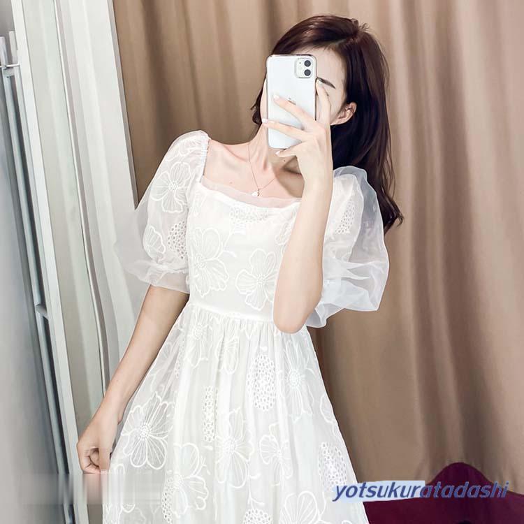 s*p様 新品 katie オーガンジー ワンピース　ホワイト ドレス　半袖　パ 白ワンピース パフスリーブ 半袖【S〜5XL】オーガンジー ロング 裏地