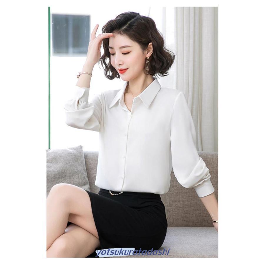 サテン ブラウス シャツ レディース 長袖 サテンシャツ 光沢 前