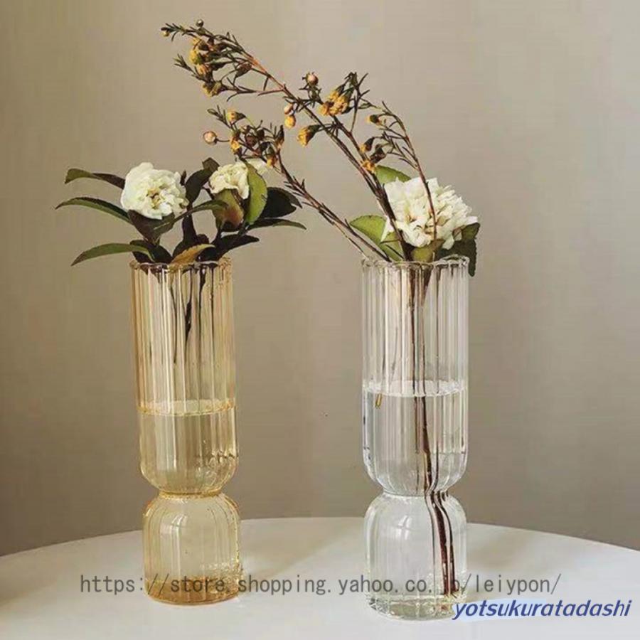 フラワーベース 花瓶 ガラス 透明 ストライプ ユニーク グリーン 花器